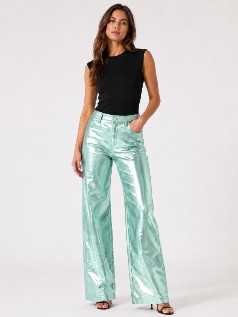 Amy Lynn Mint Metallic Straight Leg Pants High Rise Shiny Statement Trousers L
